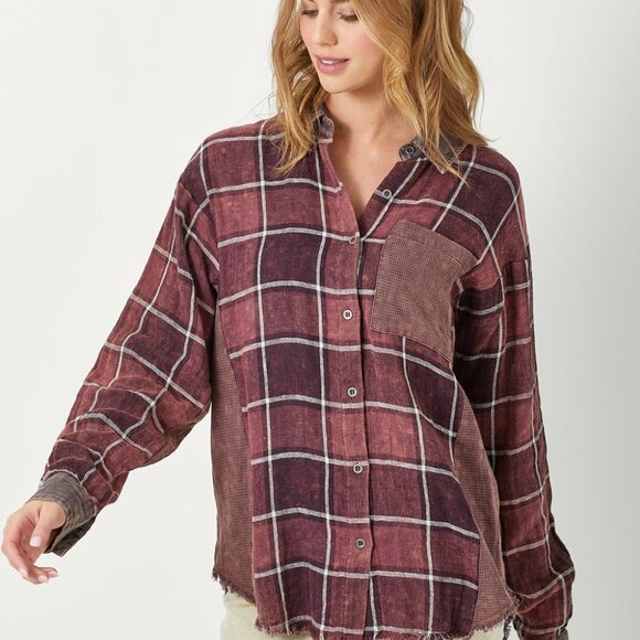 MYSTREE Oversized Plaid Button Down Shacket, Burgundy Wine Checkered, Grunge - Picture 3 of 8